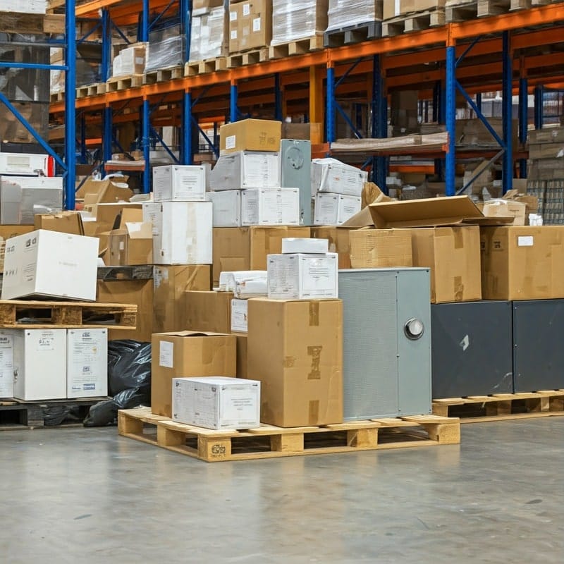 A warehouse of pallet racks and boxes and bags