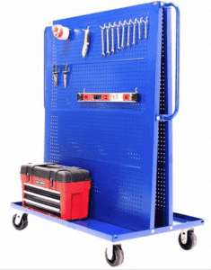 blue pegboard cart with a red toolcase on it