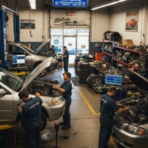 men fixing cars in the middle of a shop
