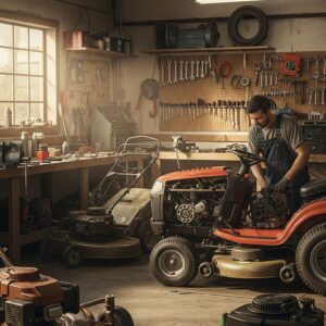 a man fixing a lawn mower in the middle of a workshop